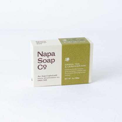 Green Tea & Lemongrass Bar Soap packaging by Napa Soap Company, on a white background