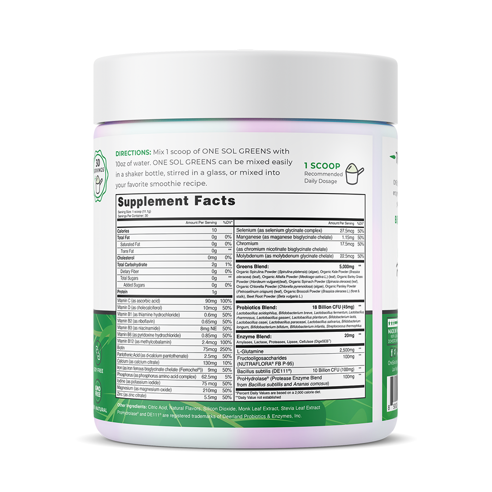 Supplement container with label showing supplement facts on a white background