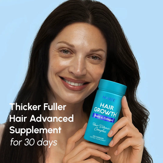 Woman holding a blue supplement bottle with text about hair growth supplement on a light blue background