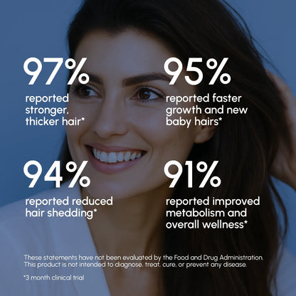 Woman with long hair against a blue background with text about hair health benefits.