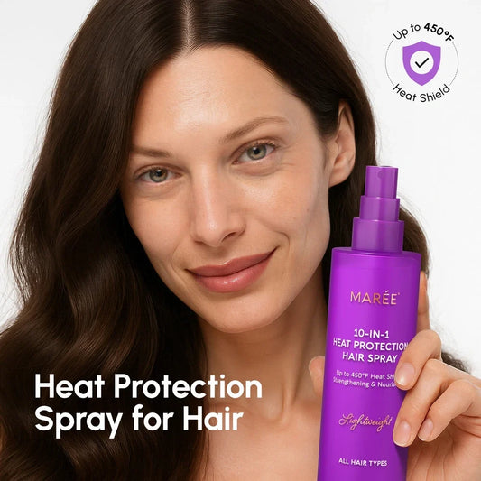 Woman holding a purple hair spray bottle with text about heat protection for hair.