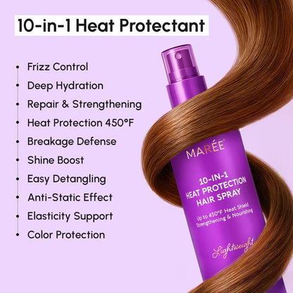 Maree 10-in-1 heat protection hair spray with features listed on a purple background