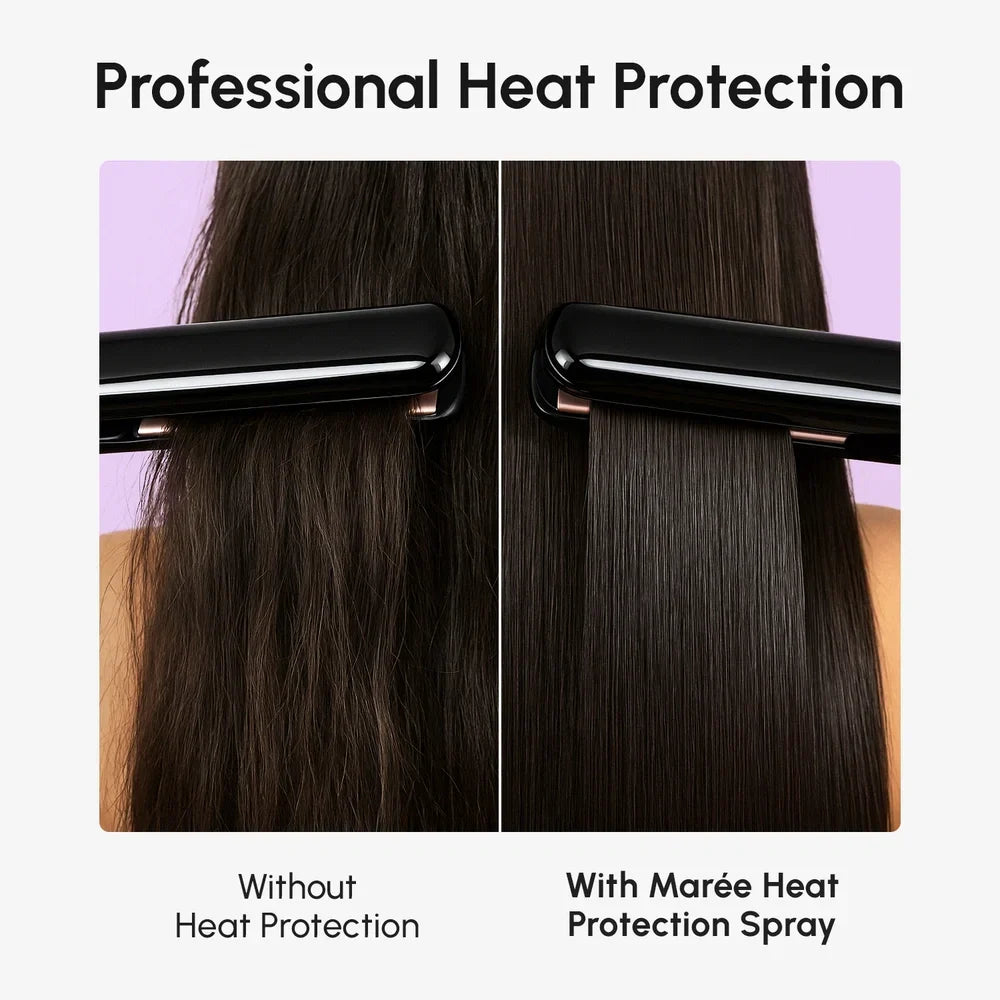 Comparison of hair straightening with and without Maré Heat Protection Spray.