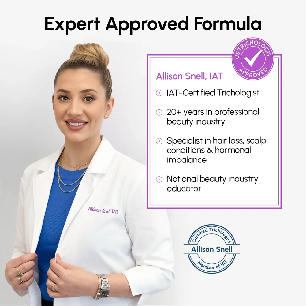 Trichologist Allison Snell IAT with certification details on a white background