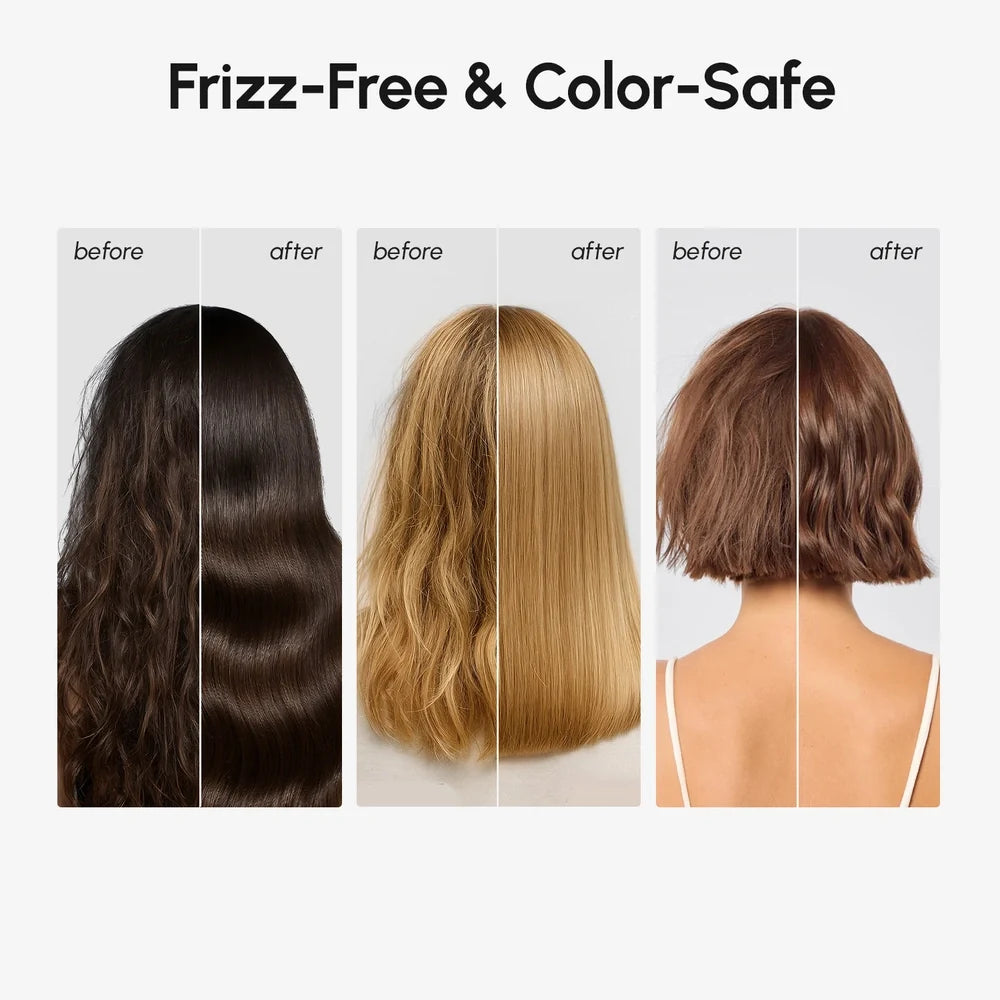 Before and after comparison of hair treatment on three different hair types with text 'Frizz-Free & Color-Safe'.
