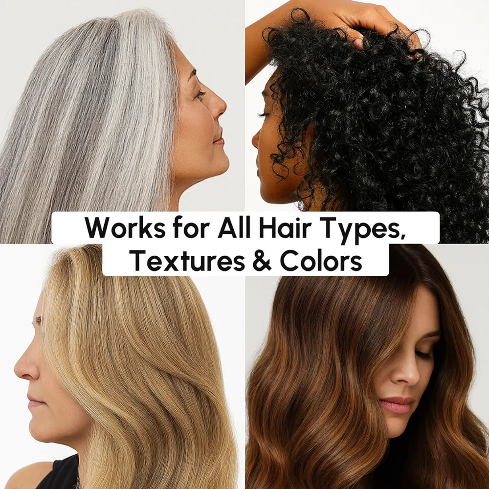 Collage of four women with different hair colors and textures, with text 'Works for All Hair Types, Textures & Colors'.