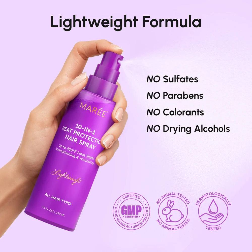 Hand holding a purple hair spray bottle with product details on a light purple background