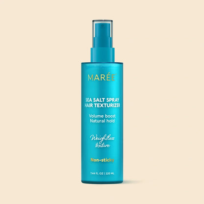 Blue bottle of Maree Sea Salt Spray Hair Texturizer on a beige background