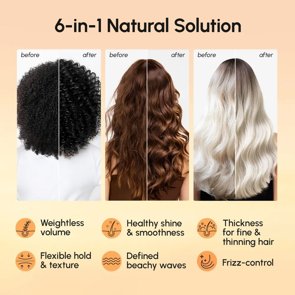 Before and after hair transformation with a 6-in-1 natural solution on a beige background.