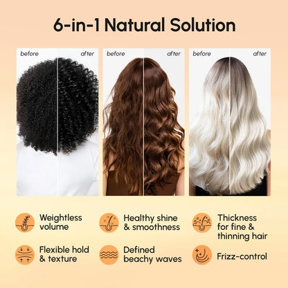 Before and after hair transformation with a 6-in-1 natural solution on a beige background.