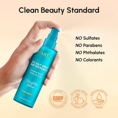 Hand holding a blue hair spray bottle with 'Maré' branding, against a beige background with product features listed.
