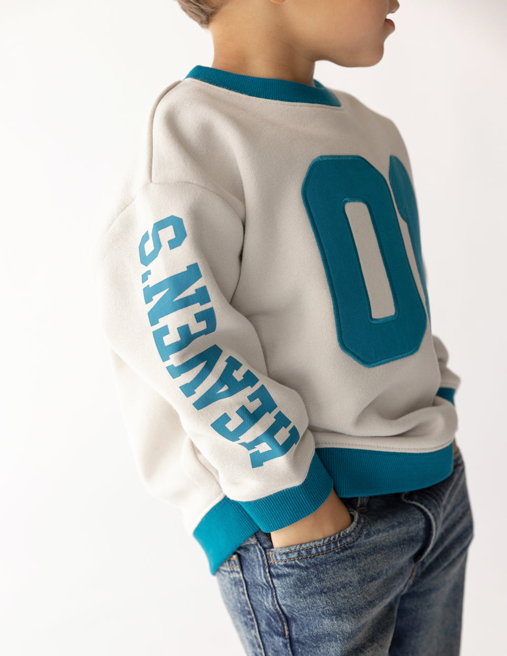 Heaven's Favorite Kids Crewneck in Pumice Stone, styled photo (2)