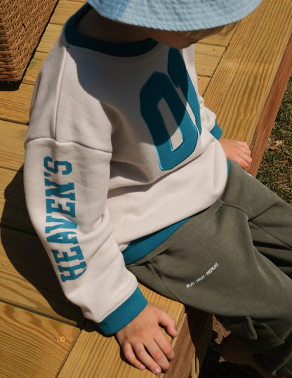Heaven's Favorite Kids Crewneck in Pumice Stone, additional detail