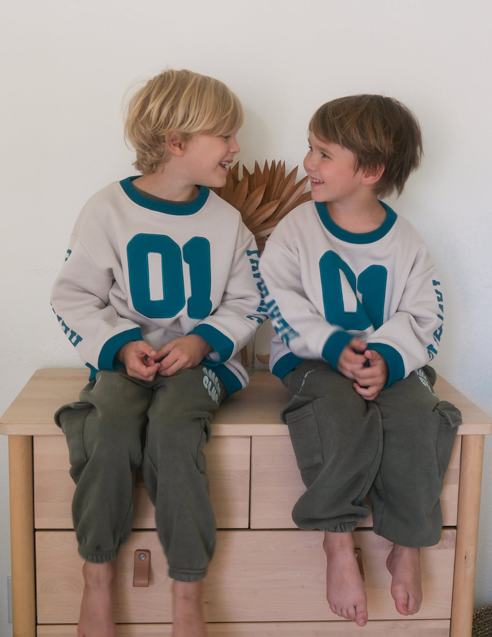 Heaven's Favorite Kids Crewneck in Pumice Stone, styled photo