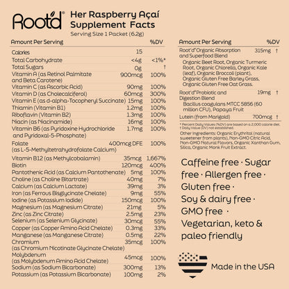 Supplement facts label for Her Raspberry Acai by Rootd on a beige background