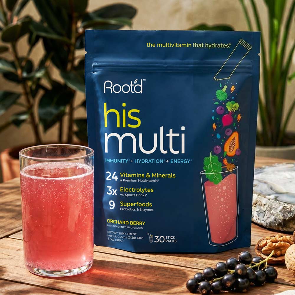A stand-up pouch of Roota His Multi multivitamin drink mix in Orchard Berry flavor, shown on a wooden surface beside a glass of pink beverage, with fruit and plants in the background.