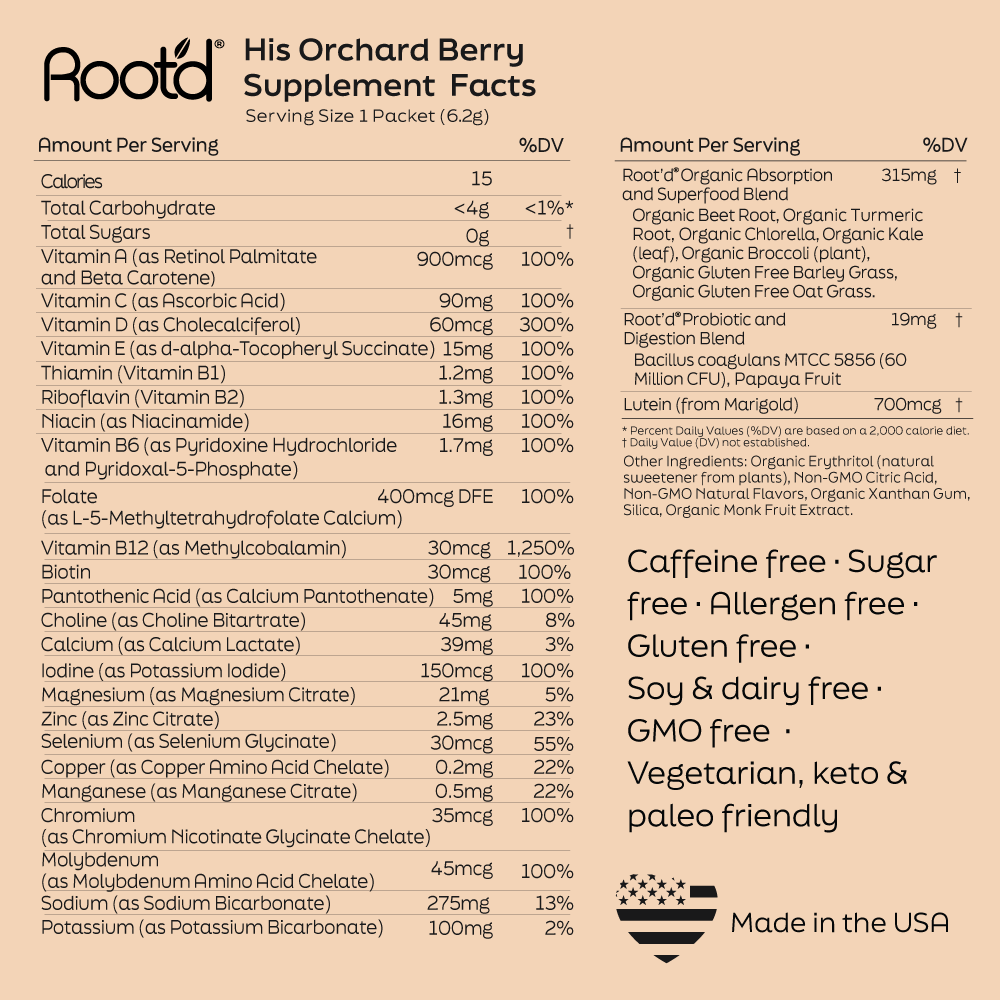 Supplement facts label for Rootd His Orchard Berry supplement on a beige background
