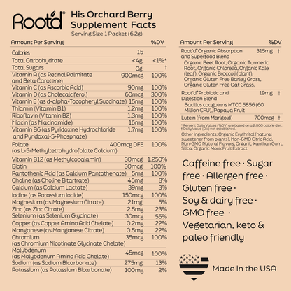 Supplement facts label for Rootd His Orchard Berry supplement on a beige background