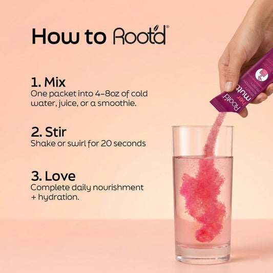 Instructions on how to use Rootd product with a glass of water and a pink packet.