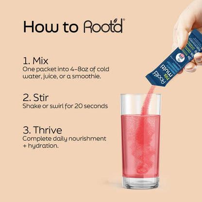 Rootd supplement packaging being added to a glass of pink liquid with step-by-step instructions on a beige background.