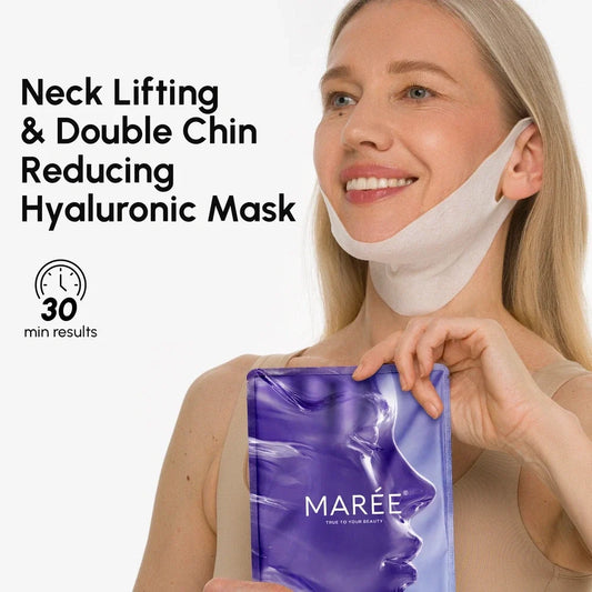 Woman wearing a neck lifting and double chin reducing hyaluronic mask with a purple Mère product.