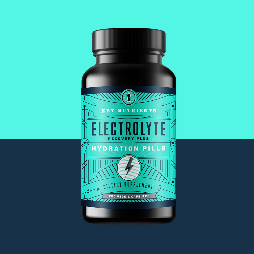 Bottle of Electrolyte Recovery Plus Hydration Pills on a two-tone blue background