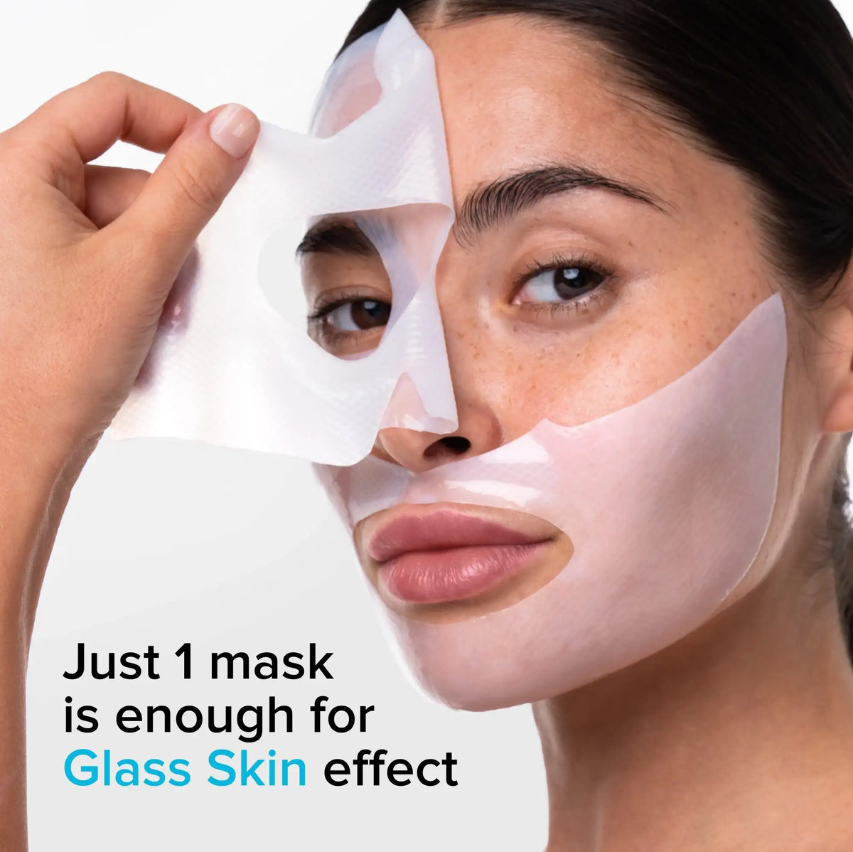 Woman applying a face mask with text about achieving a 'Glass Skin' effect.
