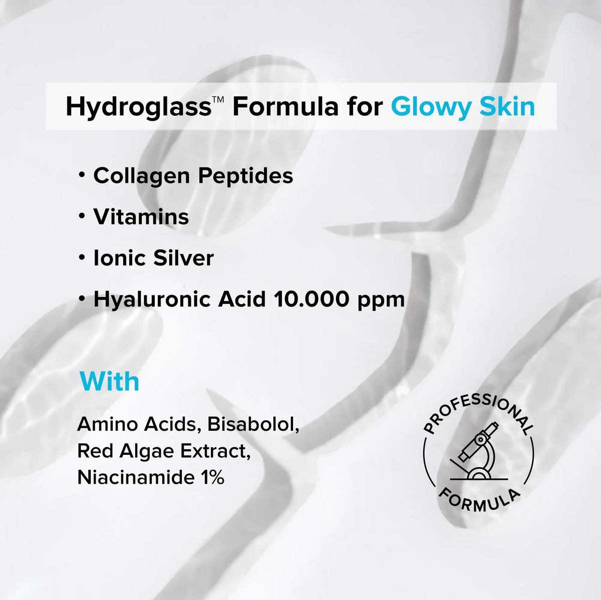 Advertisement for Hydroglass Formula for Glowy Skin with product details on a white background.