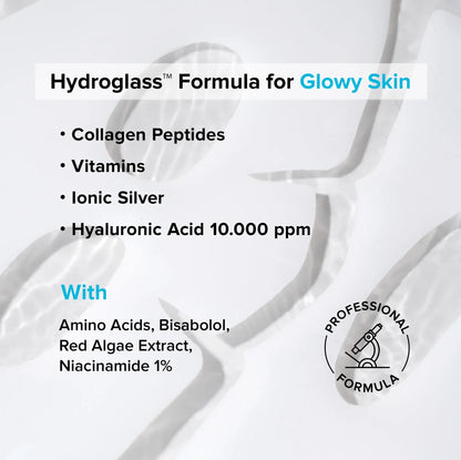 Advertisement for Hydroglass Formula for Glowy Skin with product details on a white background.