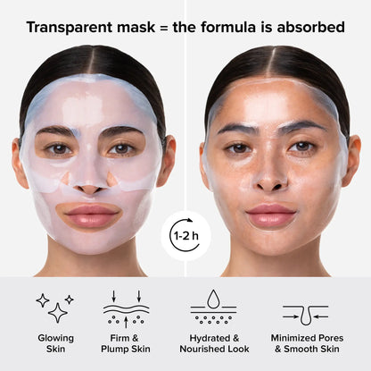 Before and after effects of a transparent facial mask on a woman's face with text and icons indicating benefits.