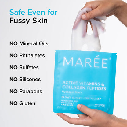Maré face mask package held by a hand with safety information text on a white background