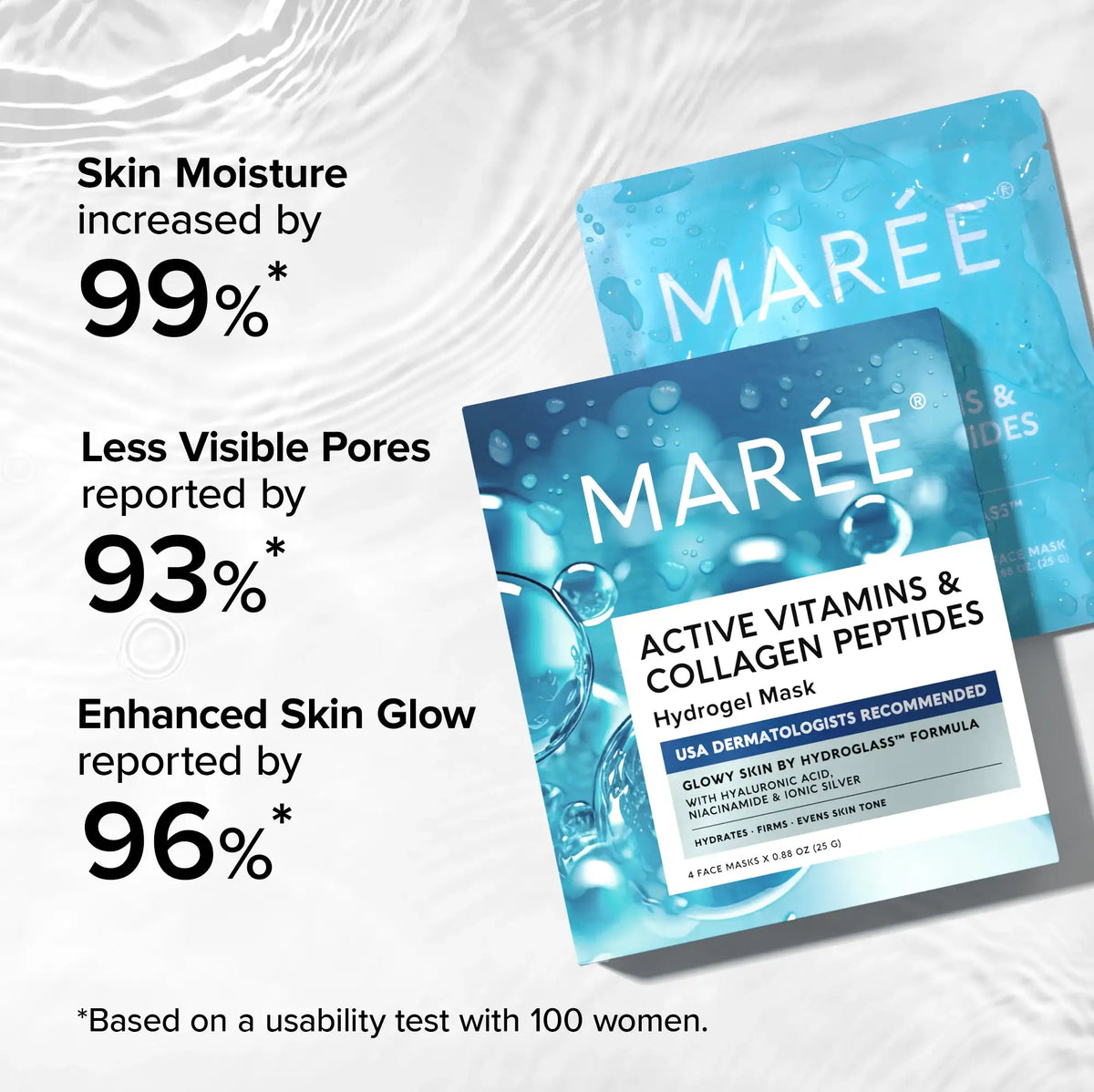 Marée hydrogel mask packaging with product benefits on a white background