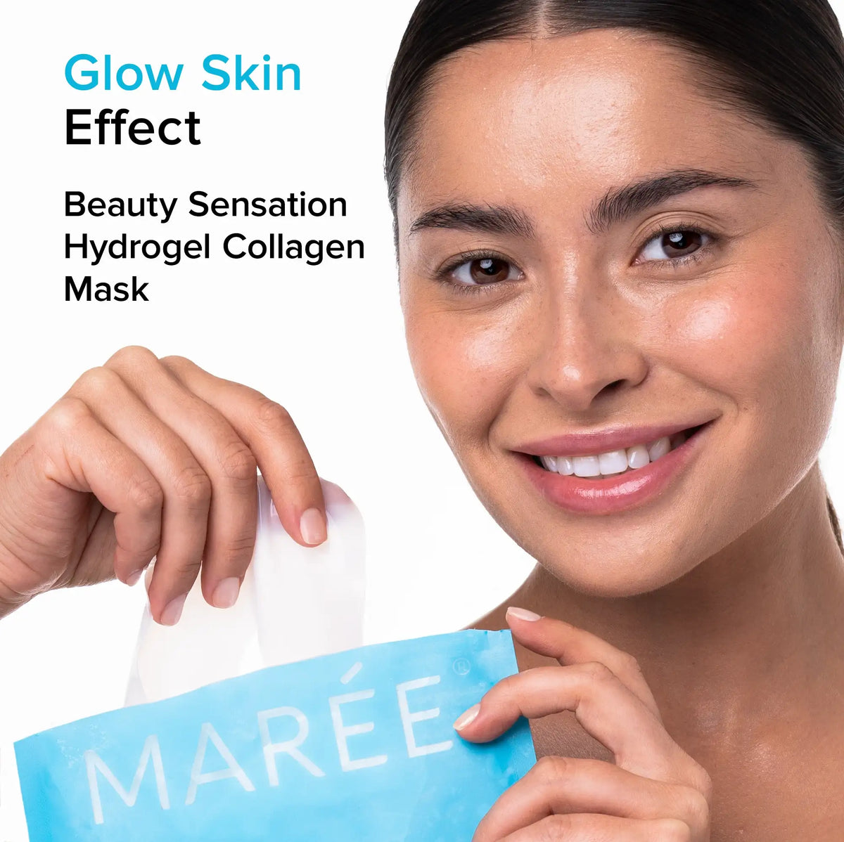 Woman holding a MARé hydrogel collagen mask with text about glow skin effect.