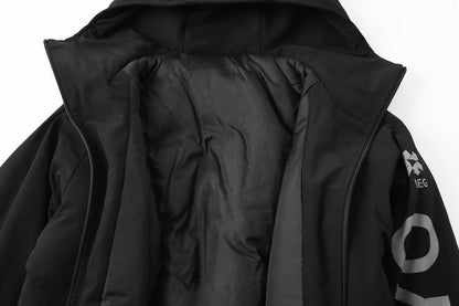 Black hooded jacket with a brand logo on the sleeve against a white background
