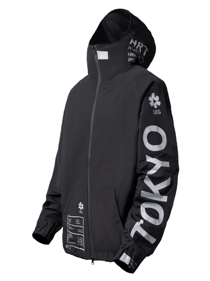 Black jacket with branding and text on a white background