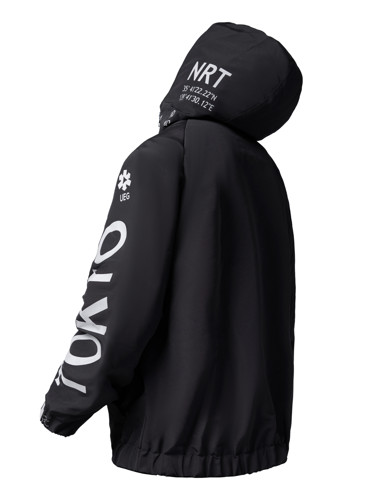 Black jacket with white text on a white background