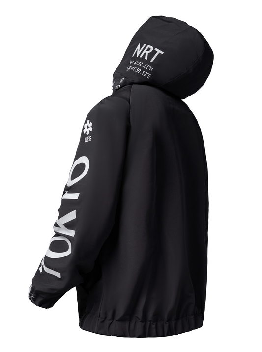 Black jacket with white text on a white background