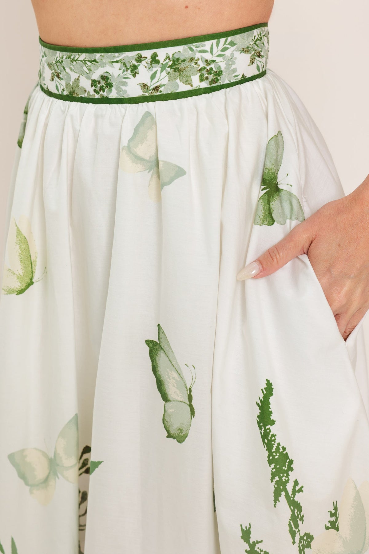 Full-length view of the floral cotton maxi skirt showing its sweeping 43-inch length.