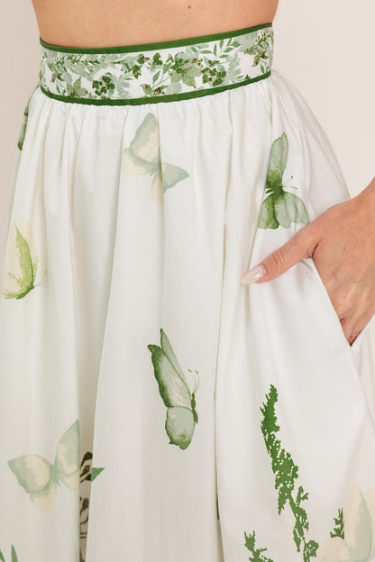 Full-length view of the floral cotton maxi skirt showing its sweeping 43-inch length.