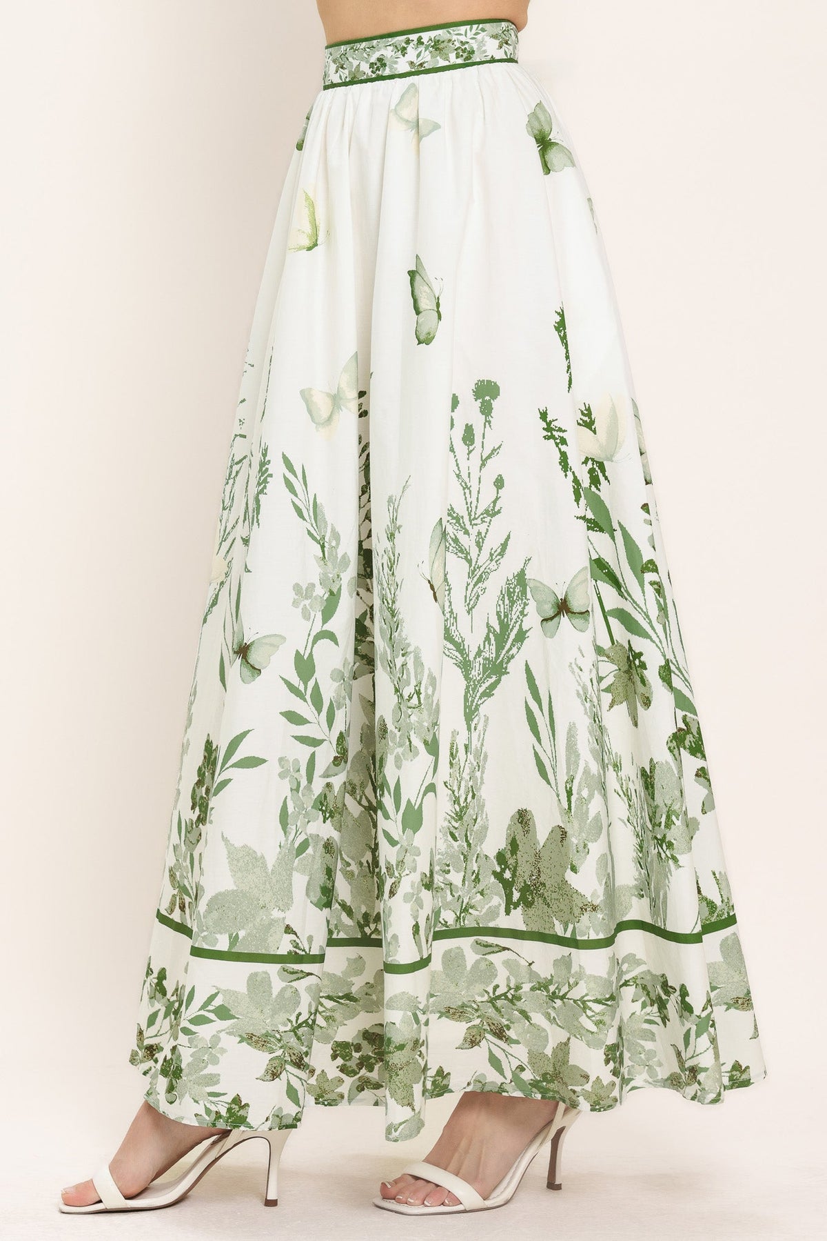 Back view of the floral maxi skirt showing the clean back zipper closure.