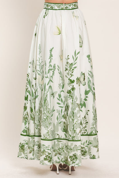 Greenhouse Romance floral maxi skirt styled as part of a coordinated two-piece set.