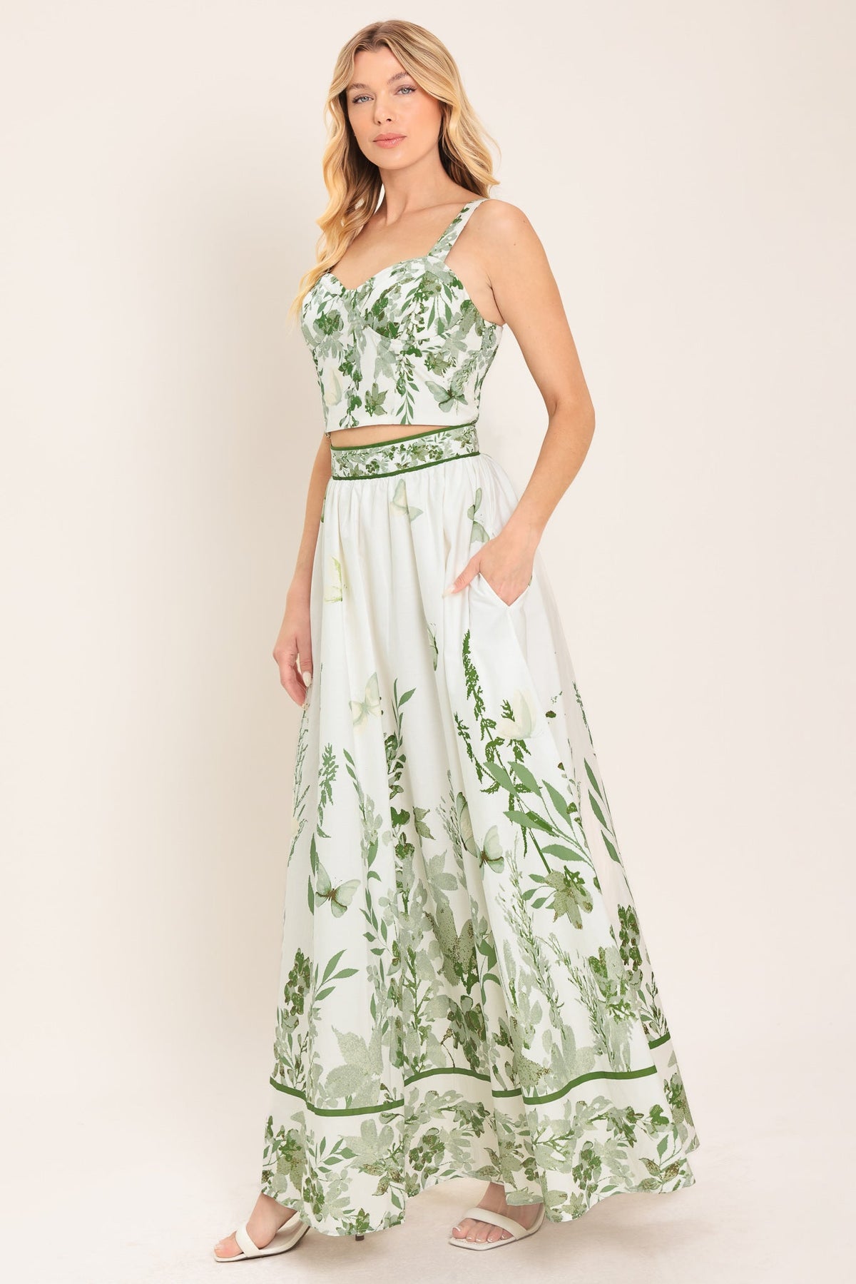 Close-up of the ivory and sage botanical floral print on the Greenhouse Romance maxi skirt.