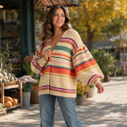 A woman stands outdoors on a sunlit street wearing a loose, oversized knit sweater with wide sleeves and horizontal multicolor stripes in pink, orange, green, blue, and purple over a cream base. She is also wearing light blue jeans, with a blurred storefront and autumn trees in the background.