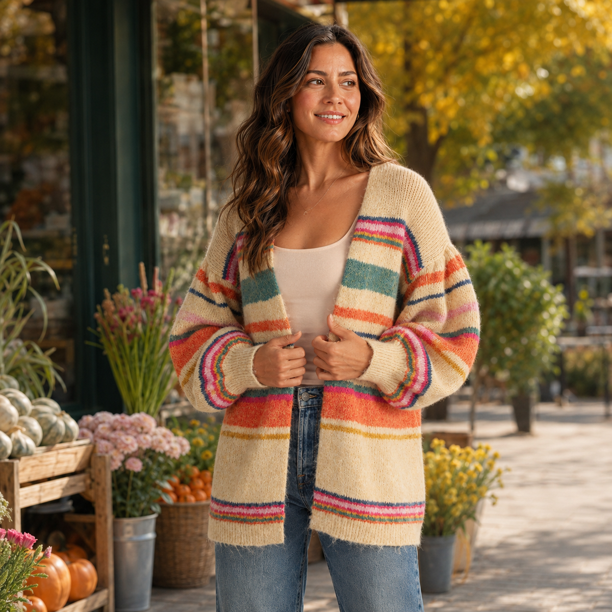 A woman stands outdoors in a rustic market setting wearing a chunky knit open-front cardigan with horizontal stripes in cream, orange, pink, green, and blue, paired with a white top and blue jeans.