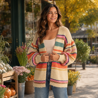 A woman stands outdoors in a rustic market setting wearing a chunky knit open-front cardigan with horizontal stripes in cream, orange, pink, green, and blue, paired with a white top and blue jeans.