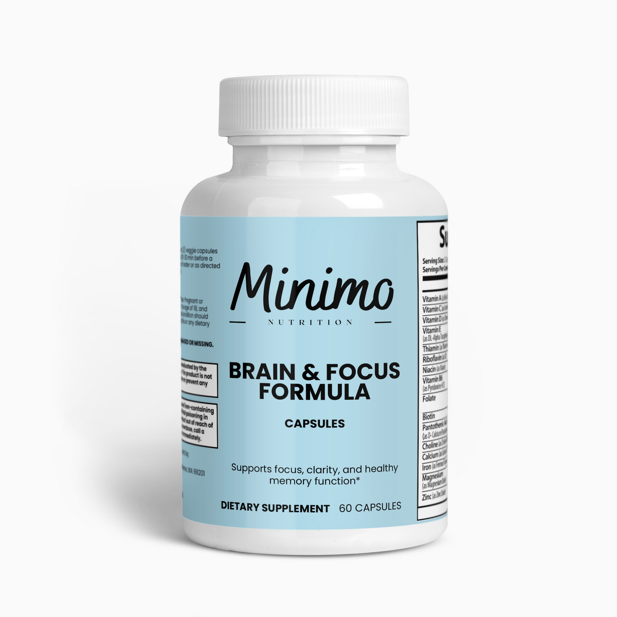 Minimo Nutrition Brain & Focus Formula 60 count bottle, front view