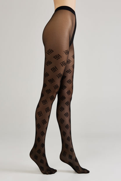 Conte Ingrid Fantasy Tights — Geometric Pattern in Nero Black, alternate view