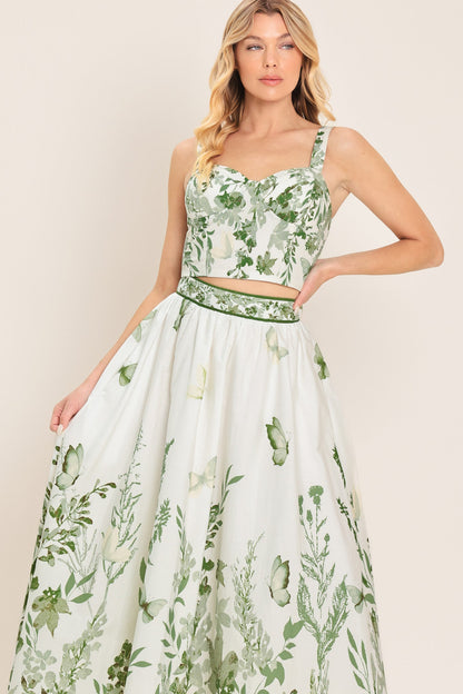 Greenhouse Romance floral bustier top styled as part of a coordinated two-piece set.