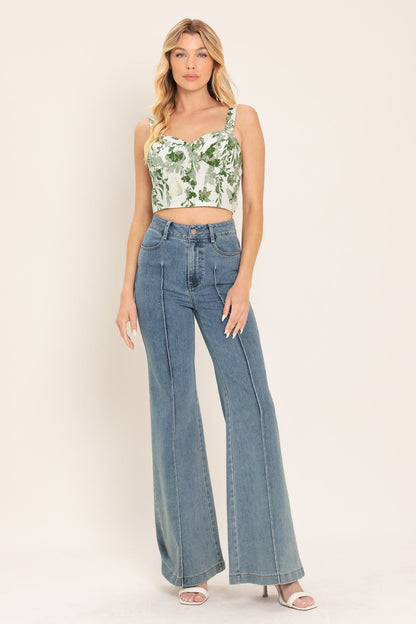 Front view of the fitted floral bustier top showing the structured bodice.