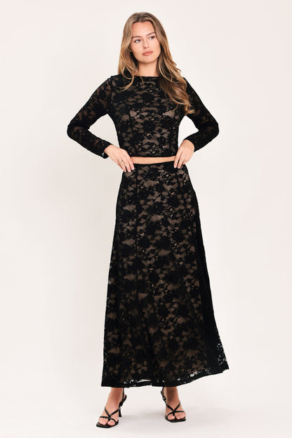 Delicate woven lace detail on the black Noir Lace Moonrise crop top.